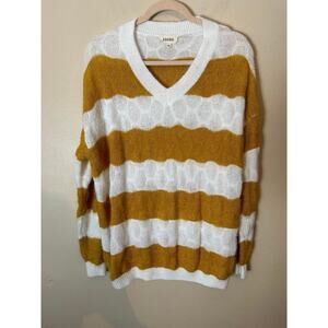Adora Striped Oversized Lightweight Sweater Mustard & White Size Medium V-Neck